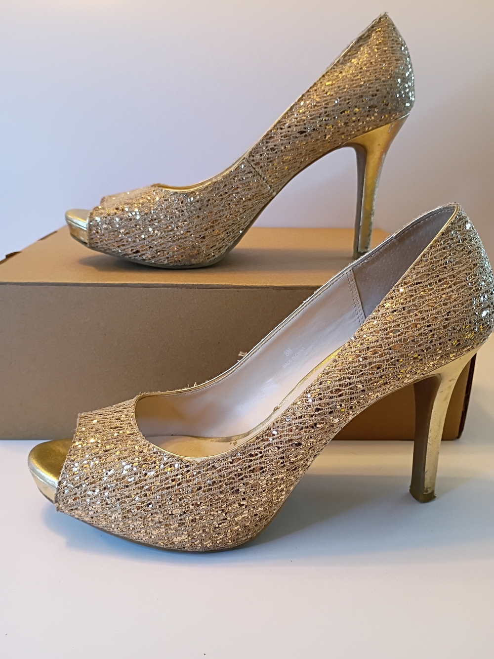 Gold Glitter Peep-Toe Stiletto Heels